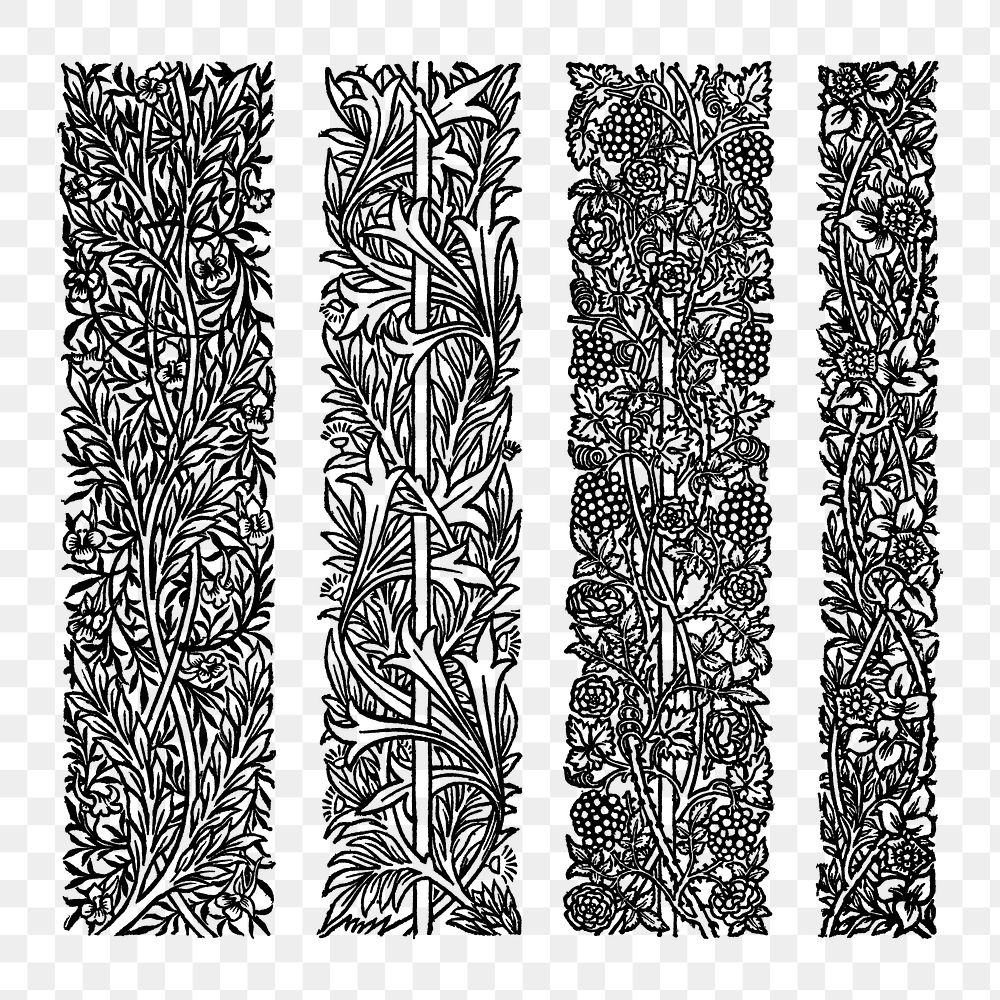 Vintage black and white foliage and flower ornament design element set illustration