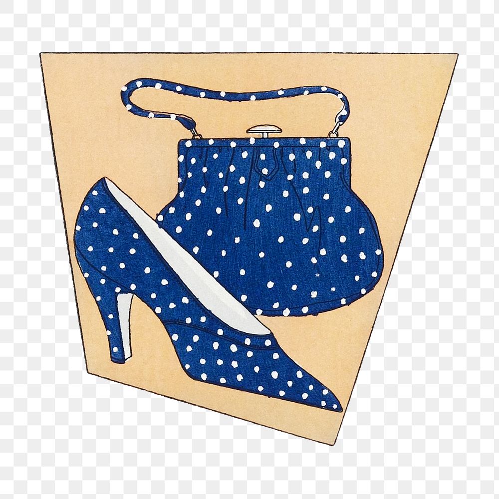 Png blue polka dot handbag and shoe, remixed from vintage illustration published in Art&ndash;Go&ucirc;t&ndash;Beaut&eacute;