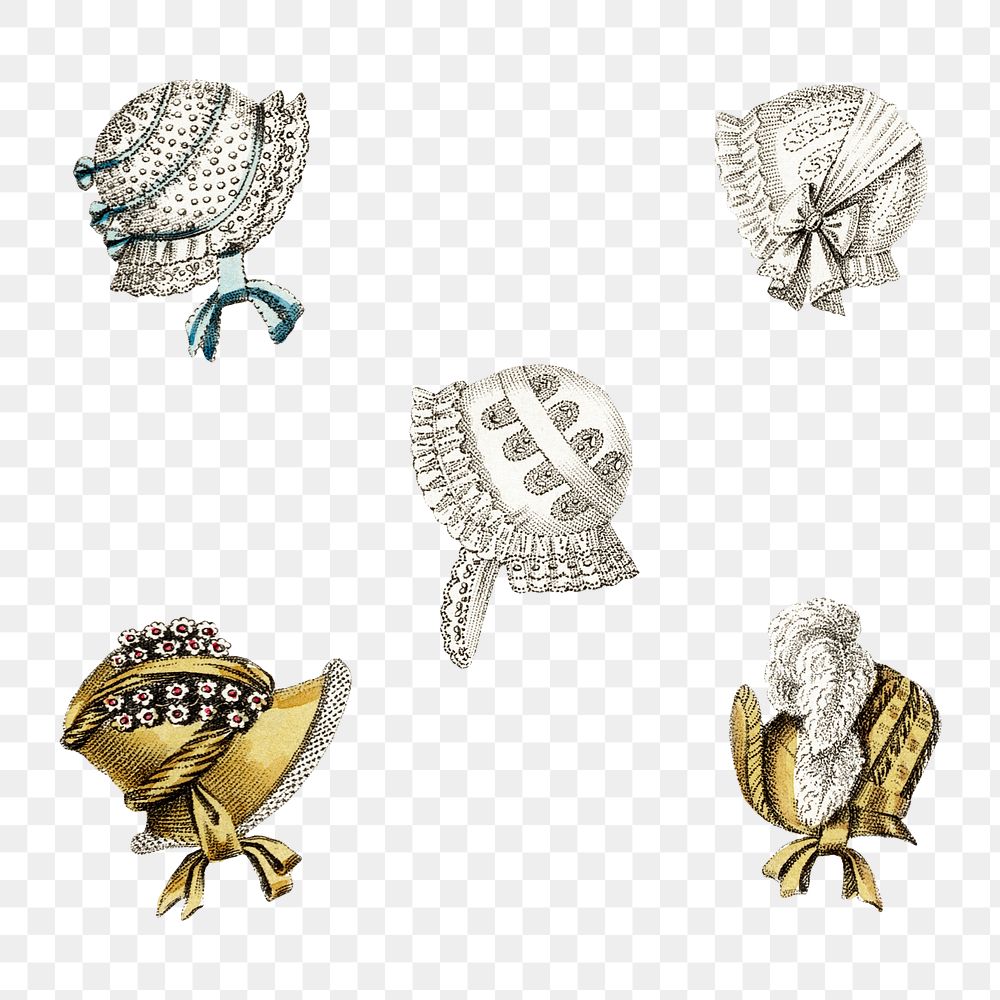 Vintage head dresses png illustration set, remix from artworks by John Bell