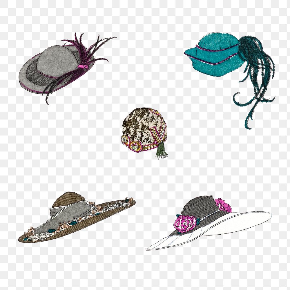 Vintage ladies hat png illustration set, remix from artworks by Charles Martin