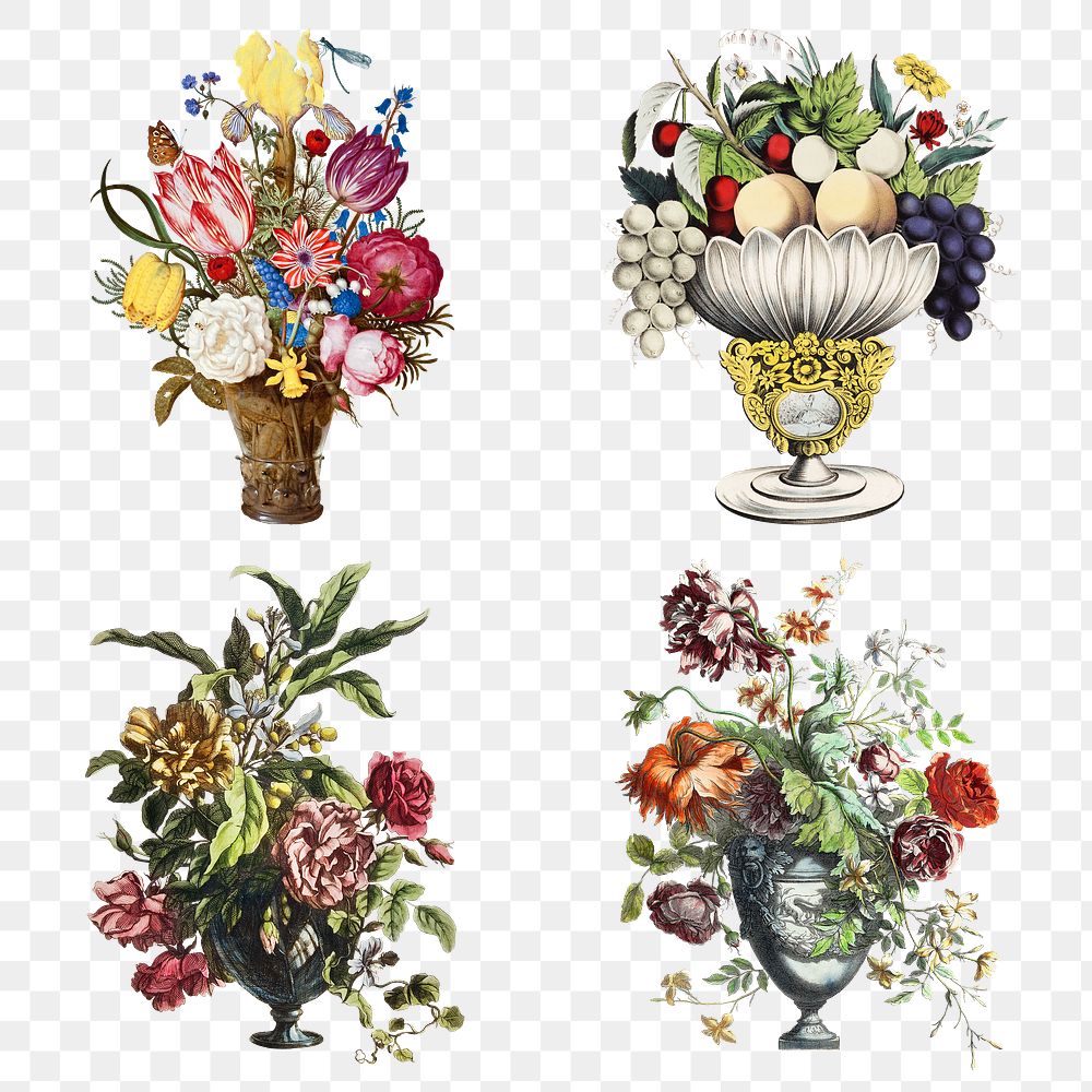 Vintage png colorful flowers sticker illustration set