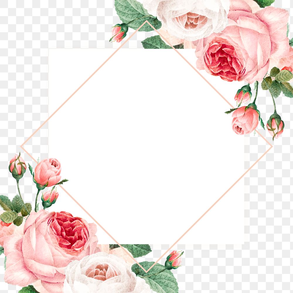 Pink cabbage rose pattern on a gold frame design element