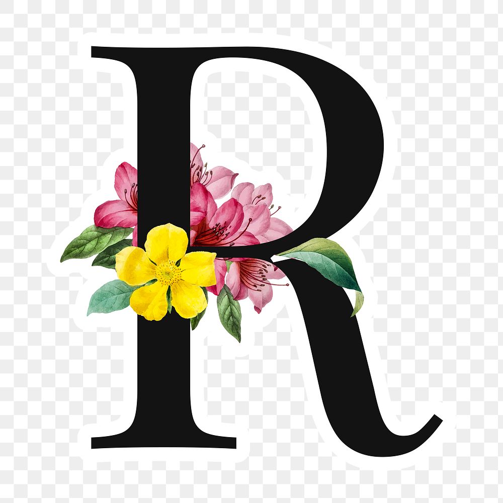 Flower decorated capital letter R sticker typography