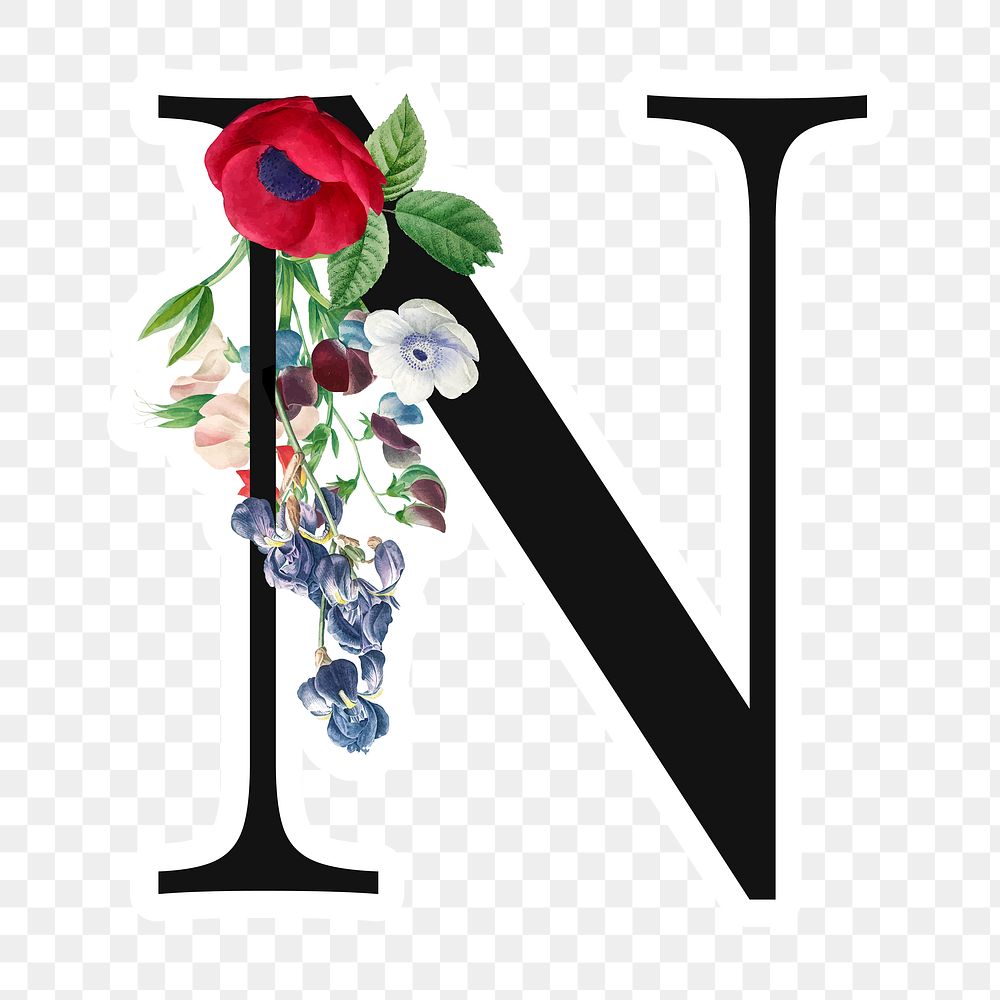 Flower decorated capital letter N sticker typography