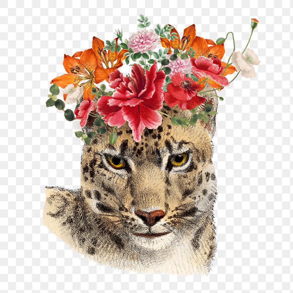 Vintage leopard png sticker, animal & flower illustration, transparent background  