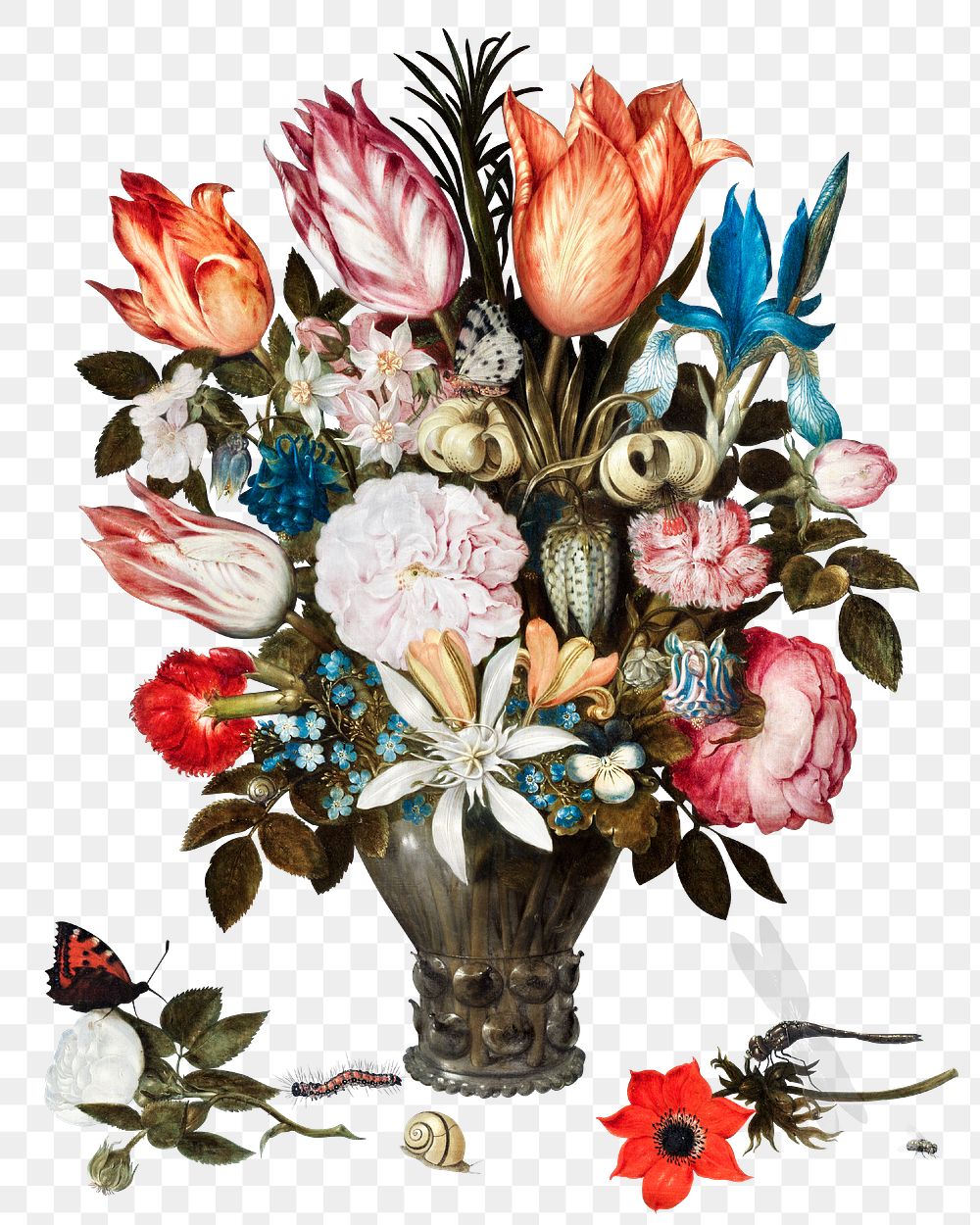 Vintage rose, tulip, lily and carnation flowers in glass illustration botanical wall art