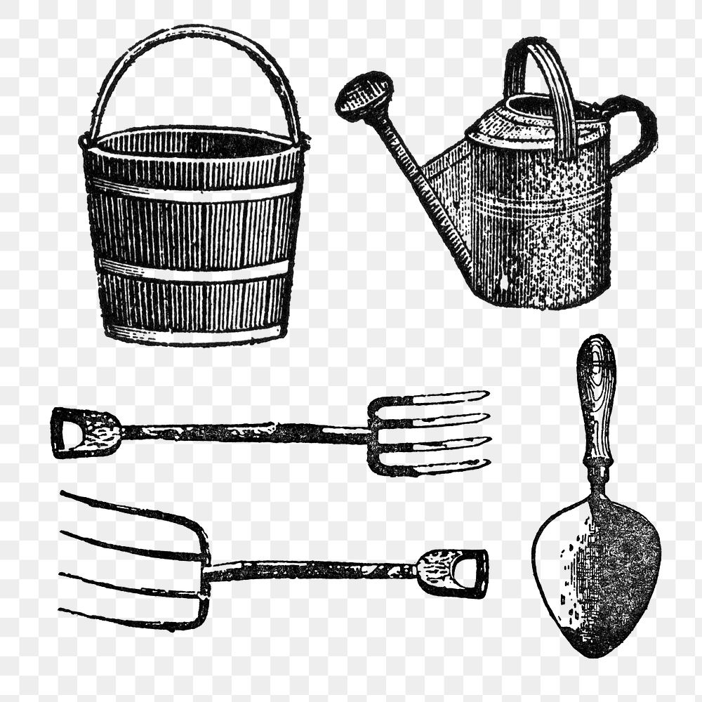 Farming tools sticker png, vintage black ink illustration, set on transparent background, digitally enhanced from our own…