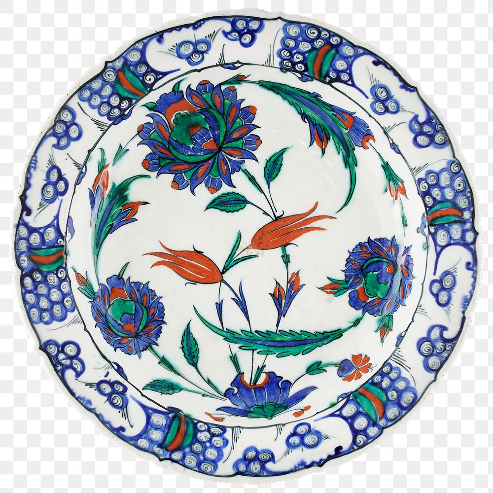 Vintage png Turkish floral plate, featuring public domain artworks