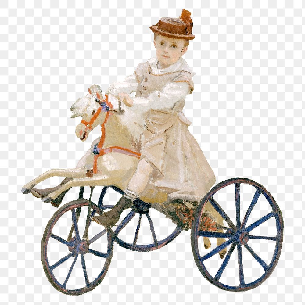 Boy riding on pony tricycle remix based on a painting by Claude Monet