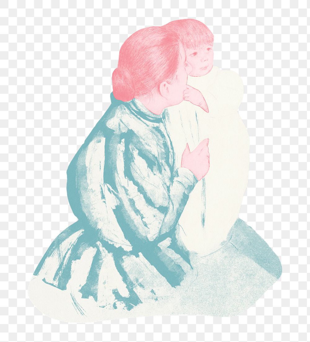 Vintage hand drawn mother embracing her little child illustration, remixed from the artworks of Mary Cassatt.