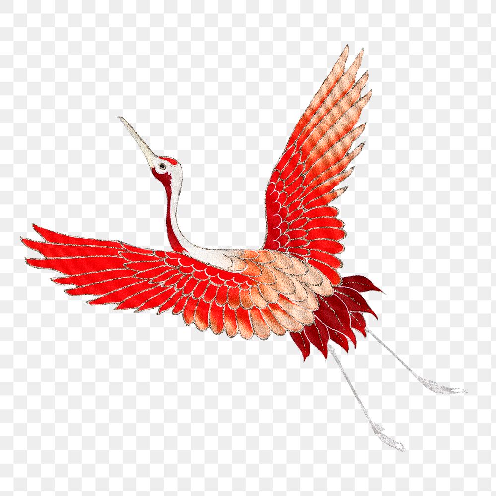 Red Japanese crane ornamental png element, remix of artwork by Watanabe Seitei