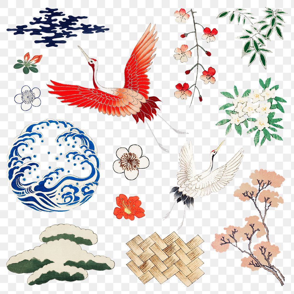 Japanese kamon ornamental element png set, artwork remix from original print by Watanabe Seitei
