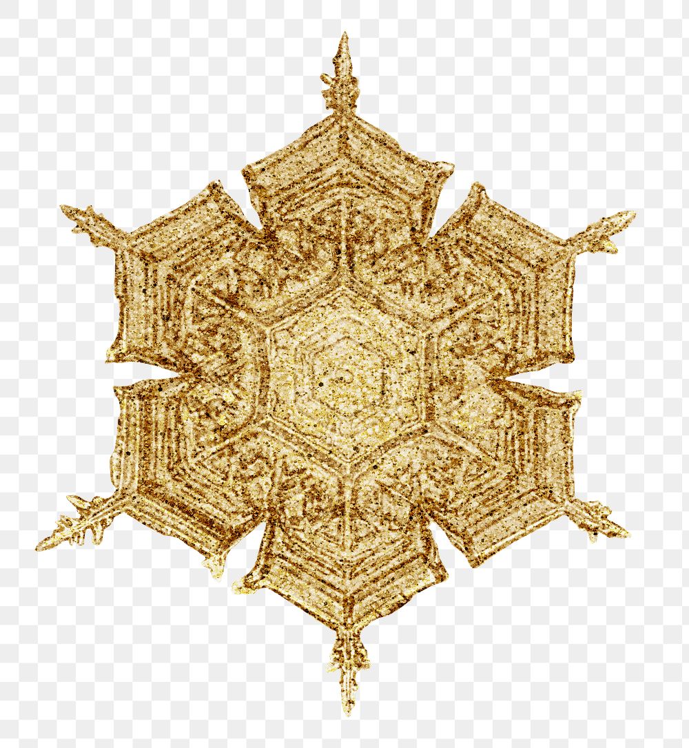 Gold snowflake png Christmas ornament macro photography, remix of photography by Wilson Bentley