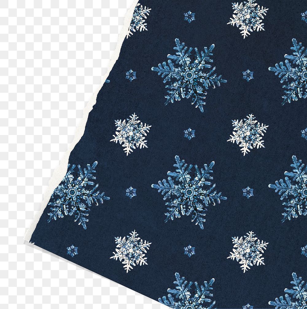 Blue Christmas snowflake torn paper png background, remix of photography by Wilson Bentley