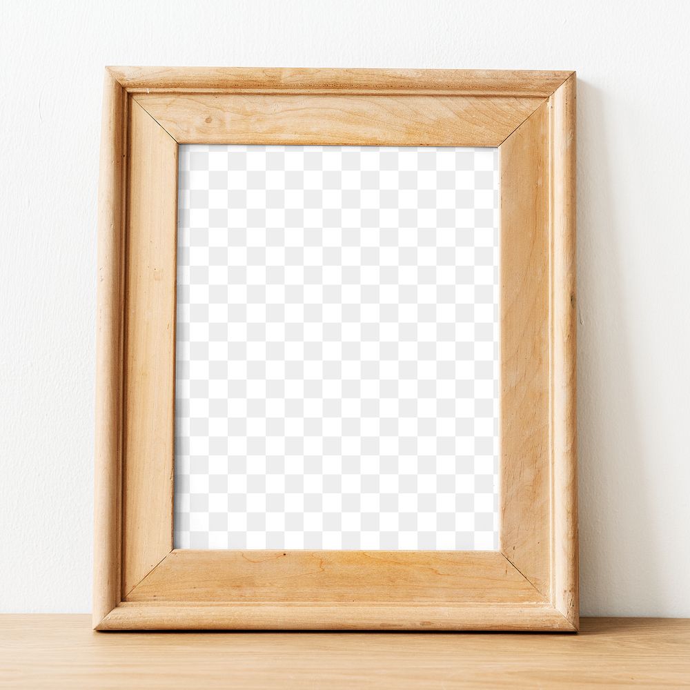 Brown wooden frame png mockup by a wall