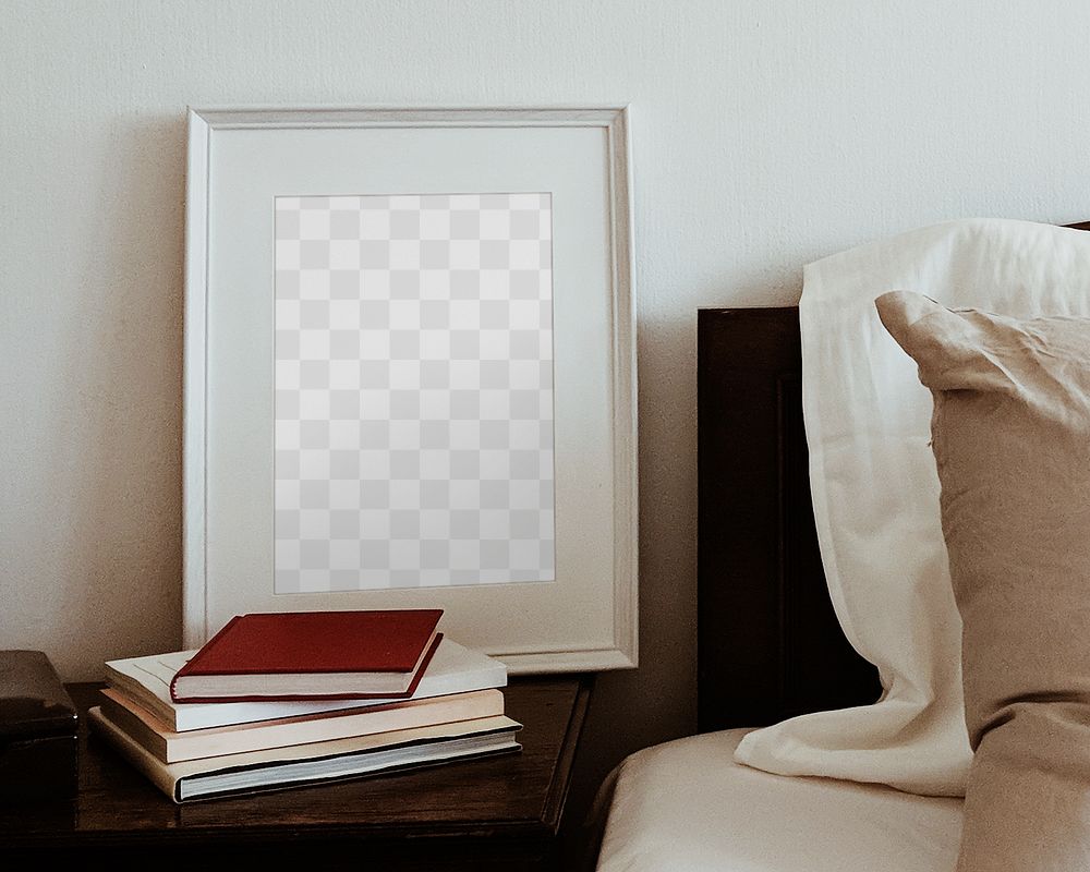White picture frame png mockup on bedside table