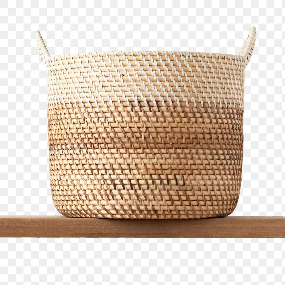 Rattan basket png mockup on wooden shelf