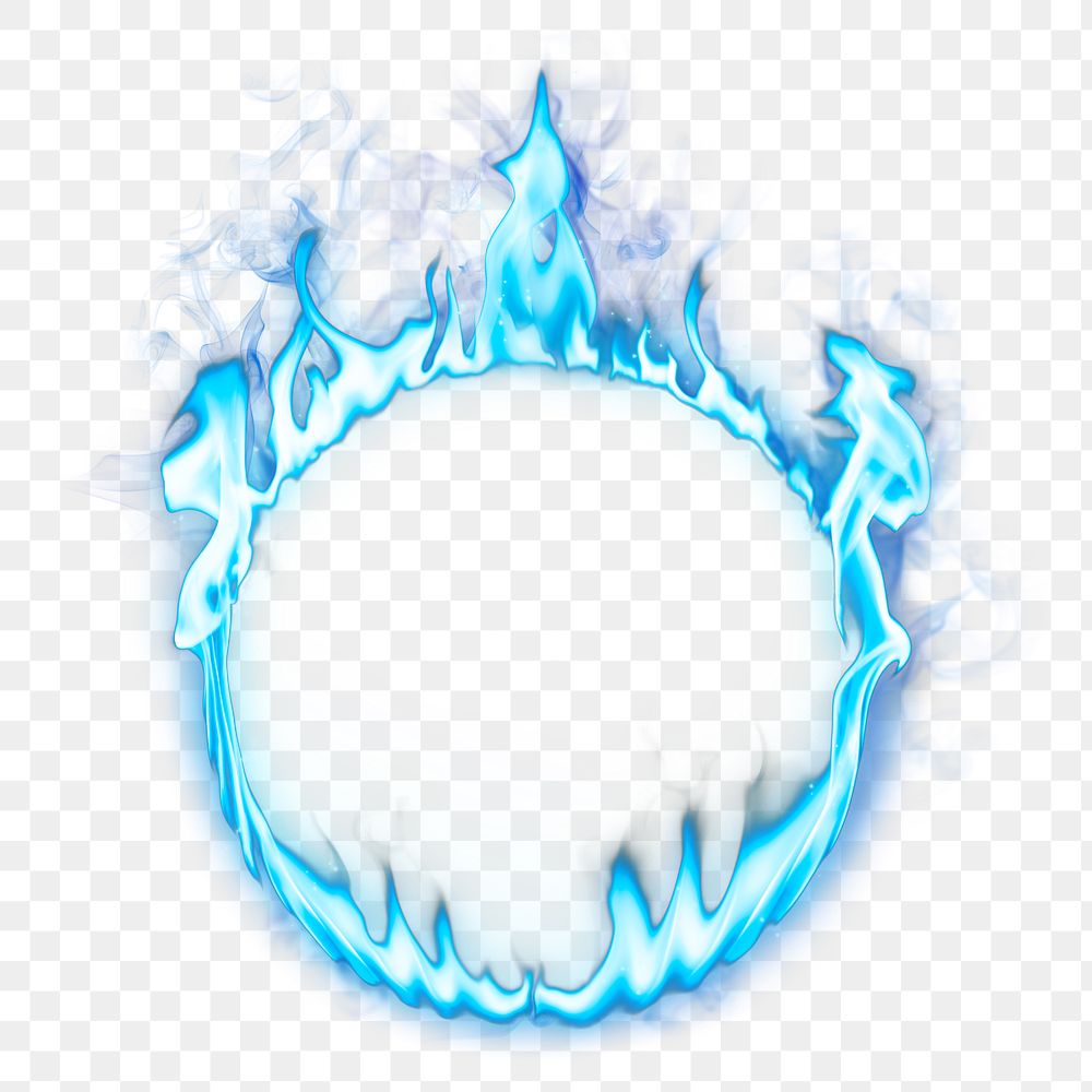 Flame png frame, blue circle shape, realistic burning fire