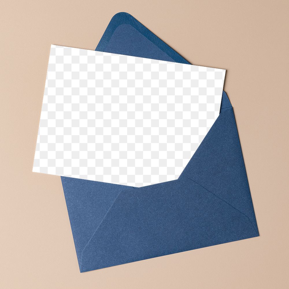 Invitation card png, transparent mockup, blue envelope, stationery flat lay design
