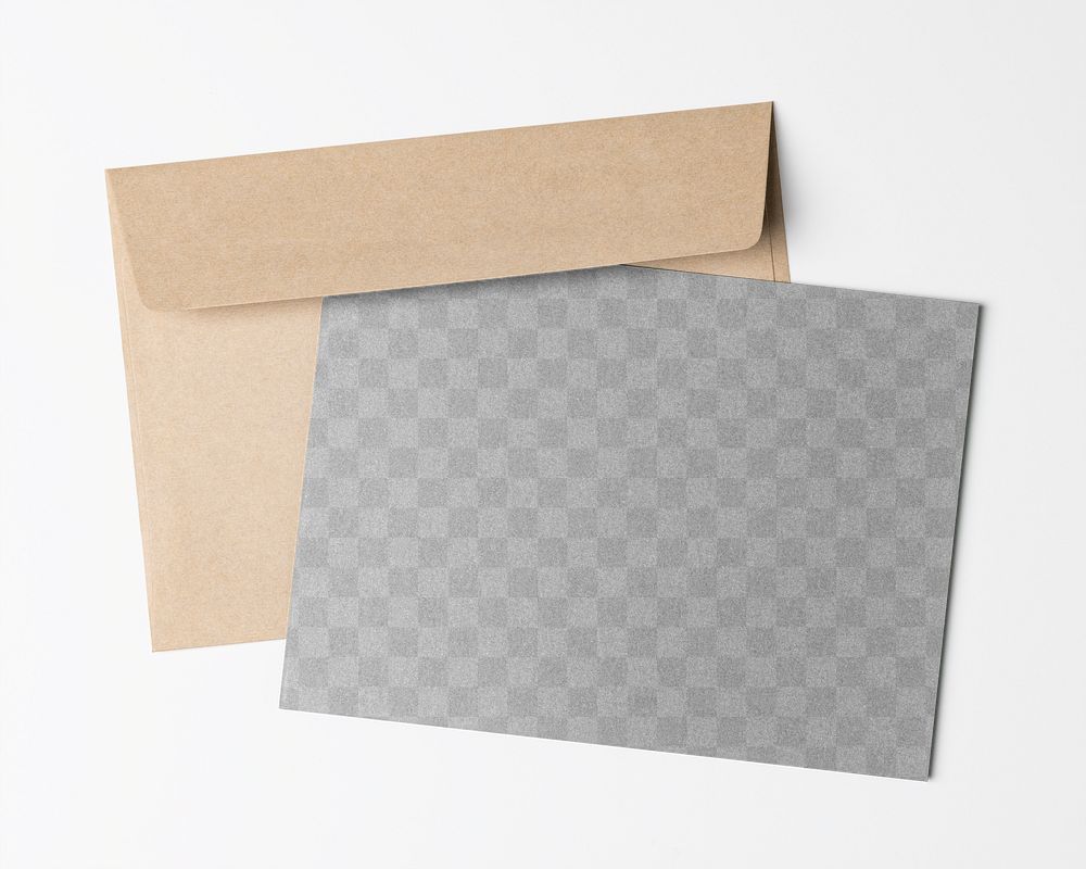 Invitation card png, stationery mockup, transparent paper, beige envelope, flat lay design