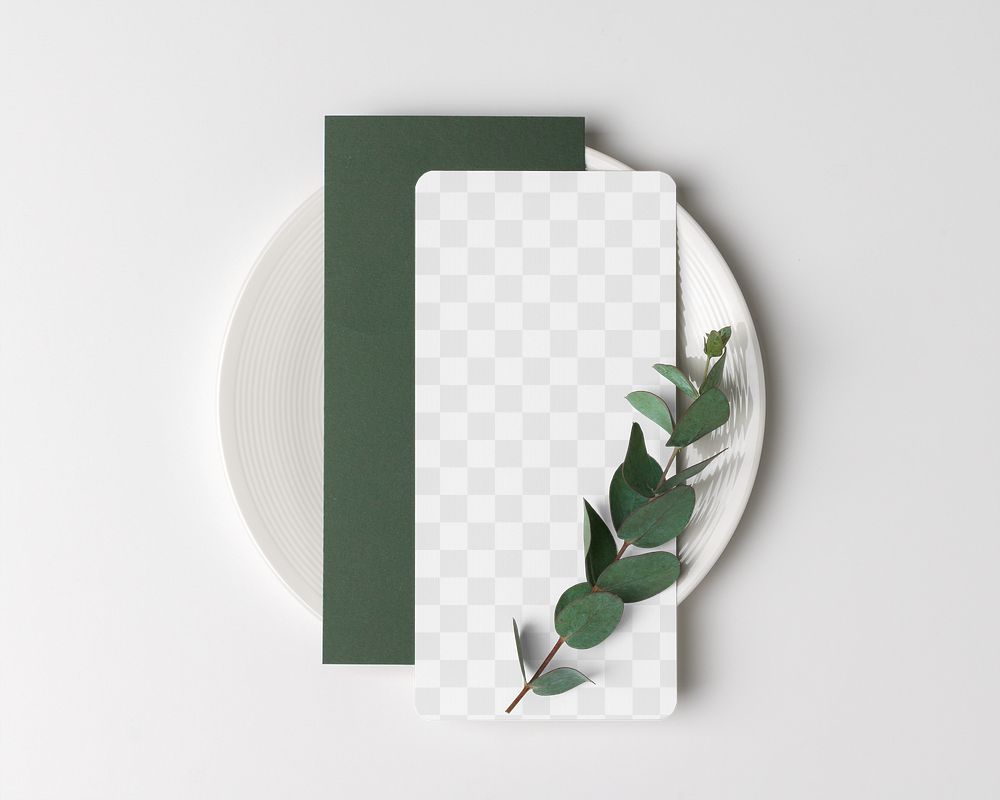 Paper mockup png, wedding menu, flat lay, white and green design