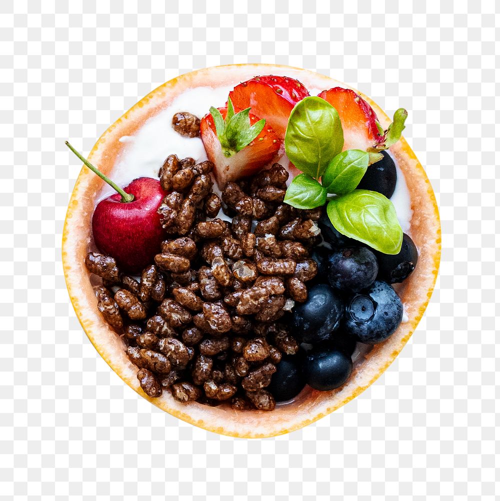 Kids breakfast png cereal bowl with berries and yogurt