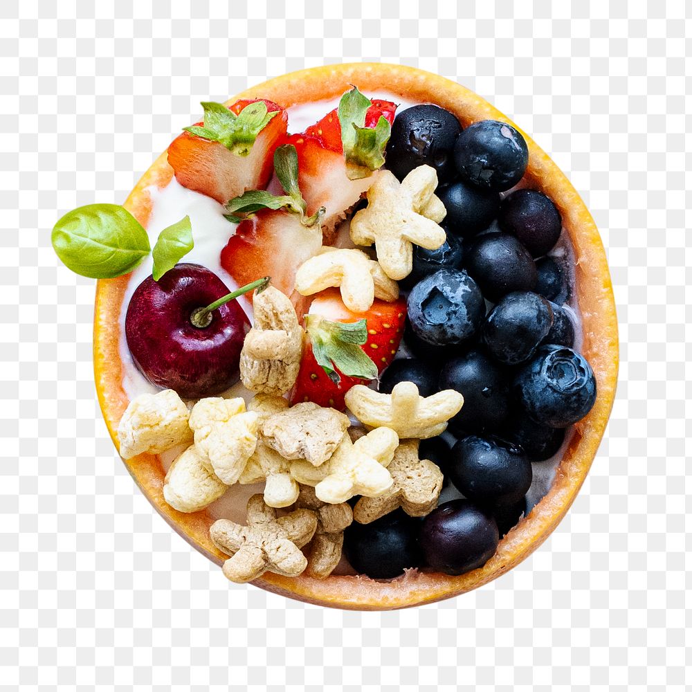 Kids breakfast png cereal bowl with berries and yogurt