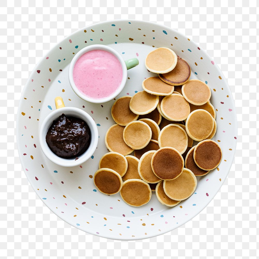 Mini pancakes png kids breakfast treat, chocolate spread and strawberry yogurt