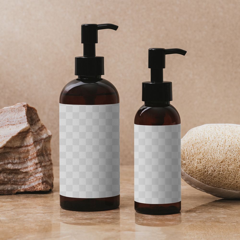 Label png transparent mockup, brown pump bottle, skincare product design