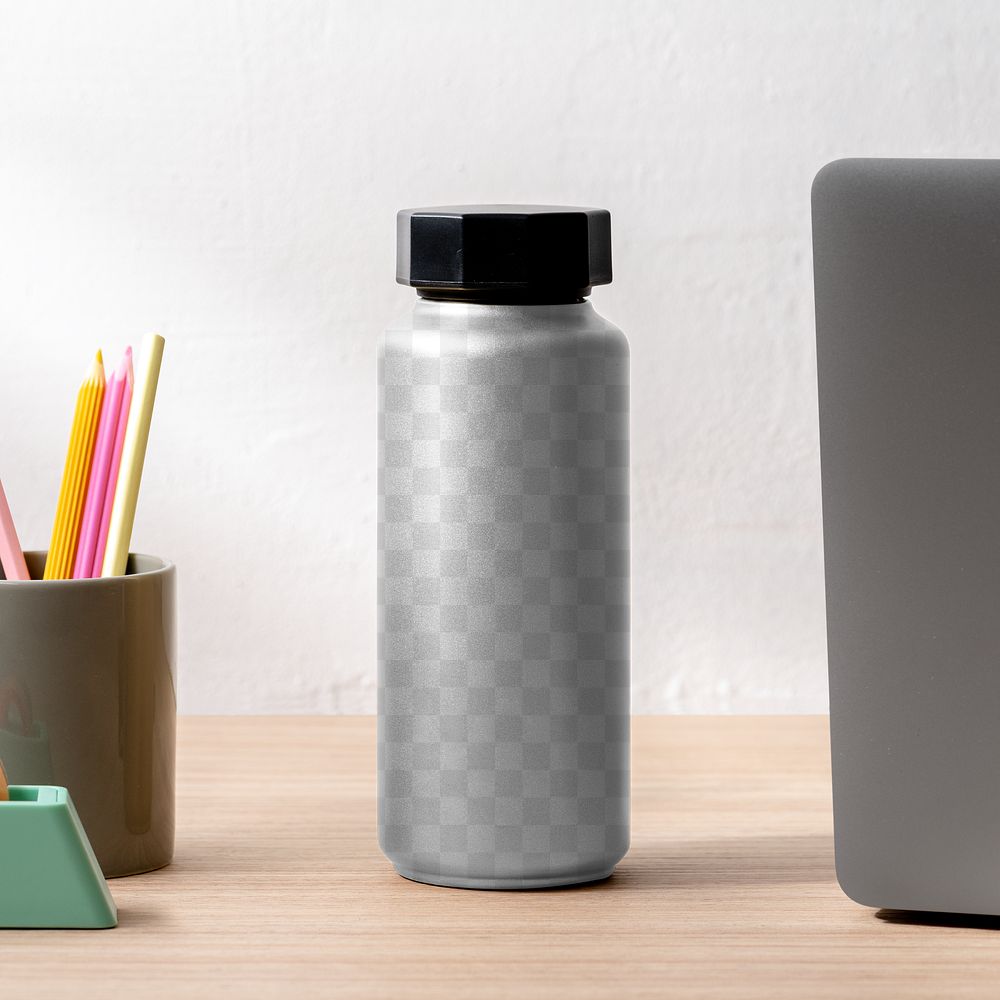 Transparent water bottle mockup png, insulated stainless steel bottle
