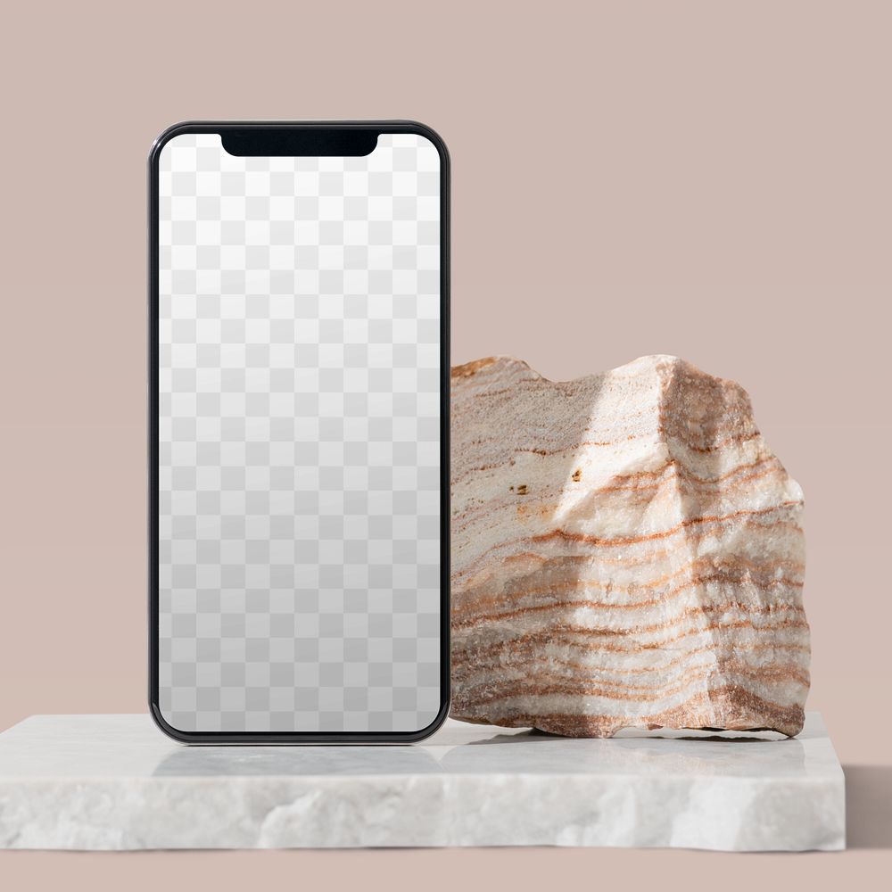 Mobile phone png mockup, transparent screen, modern product backdrop