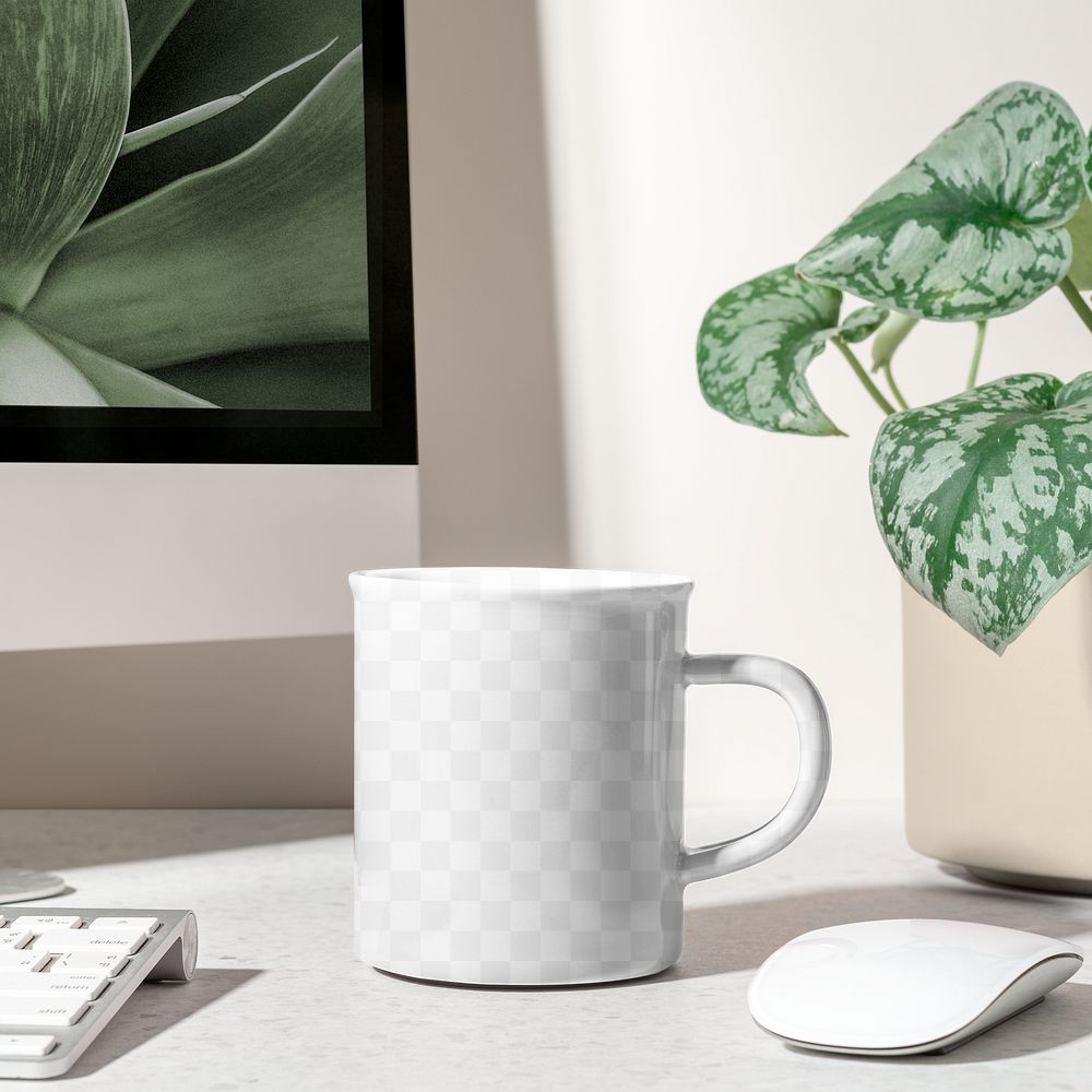Coffee mug png mockup, realistic product, aesthetic workspace