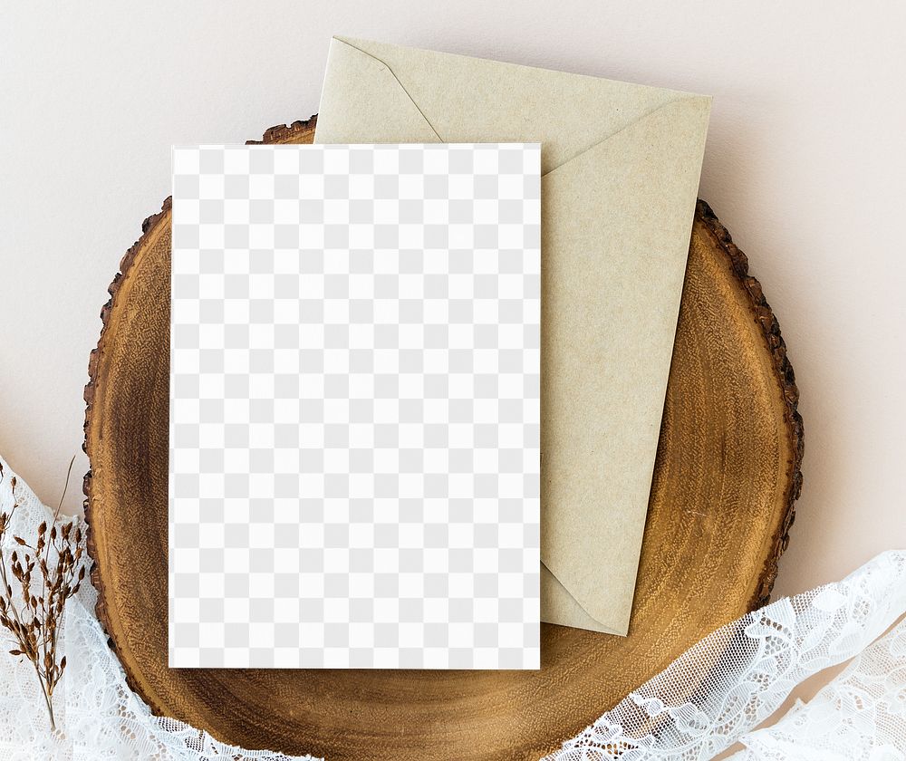 Blank card mockup with beige envelope on a wooden plate