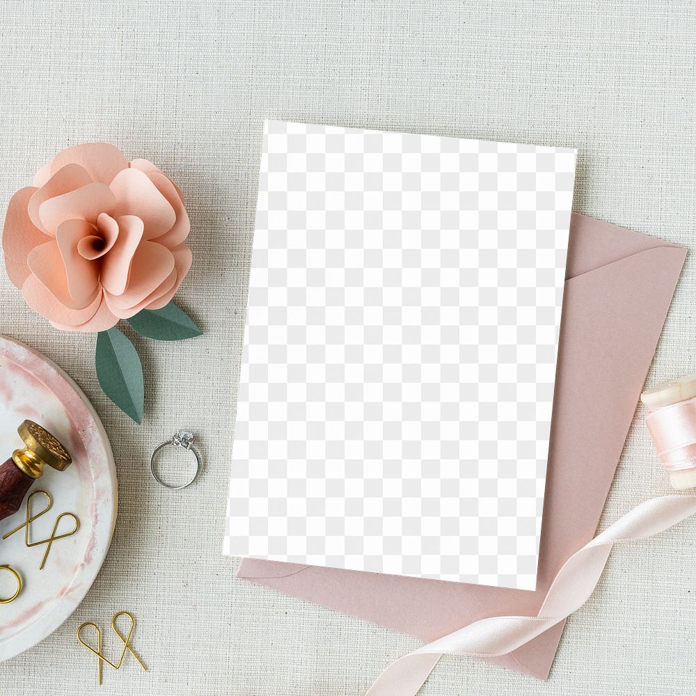 Card mockup with a diamond ring and a pink rose