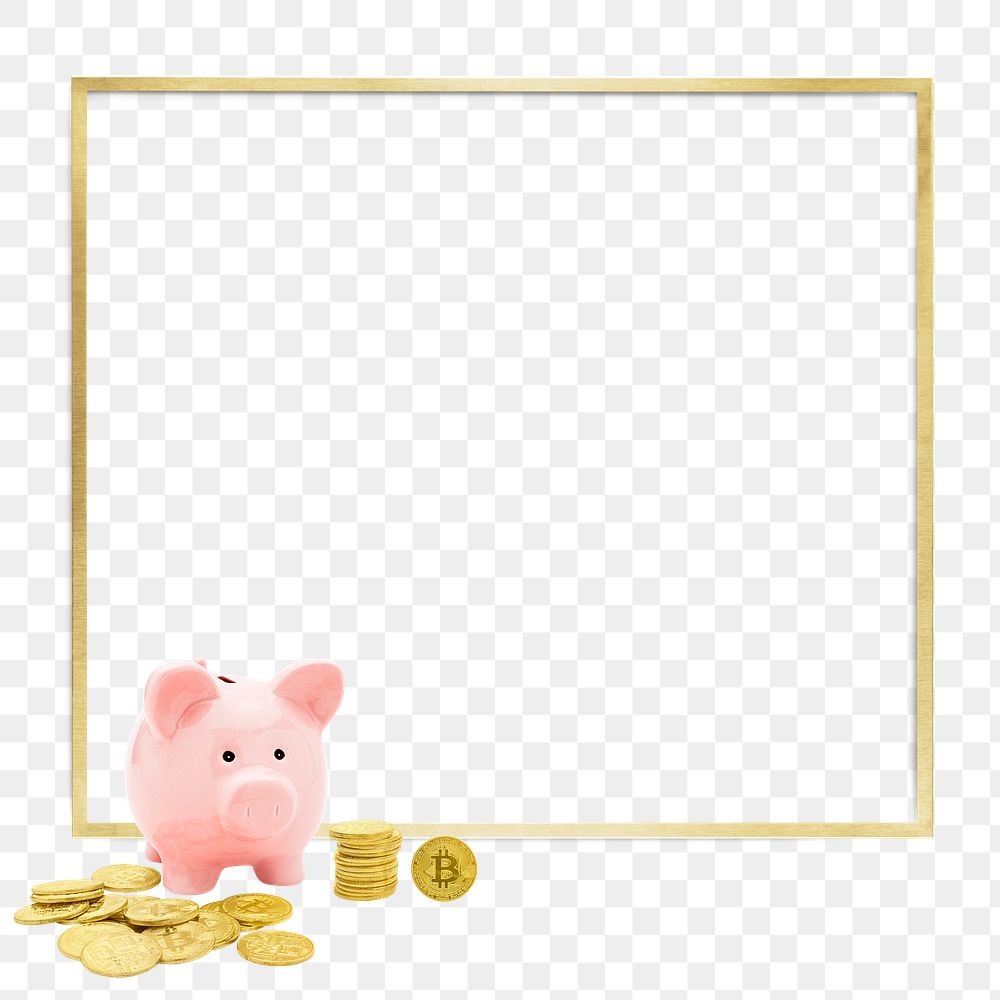 Pink piggy bank with bitcoins on a gold frame design element