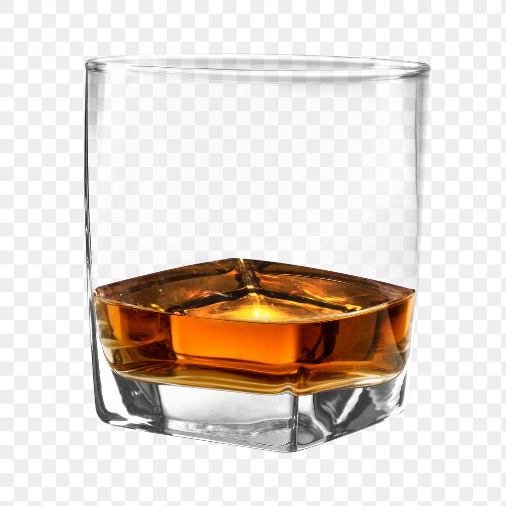 Amber scotch whiskey png in a glass mockup