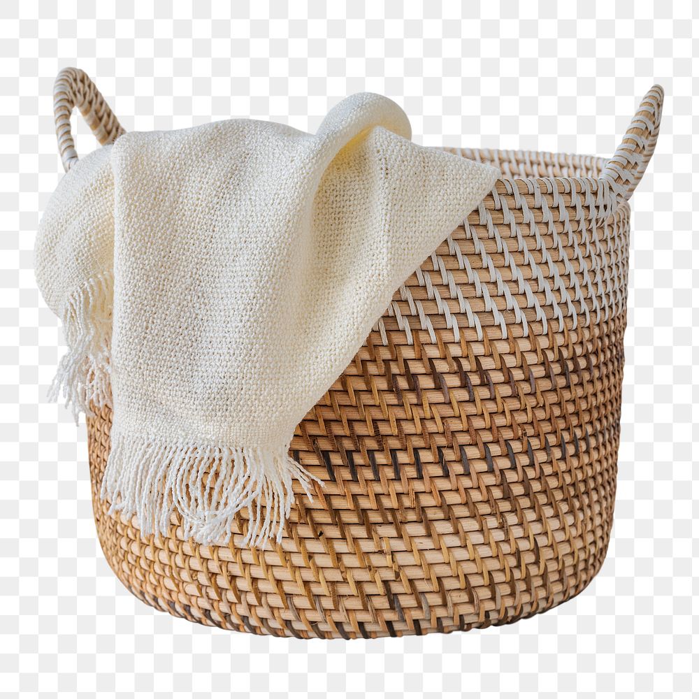 Brown wicker laundry basket design element