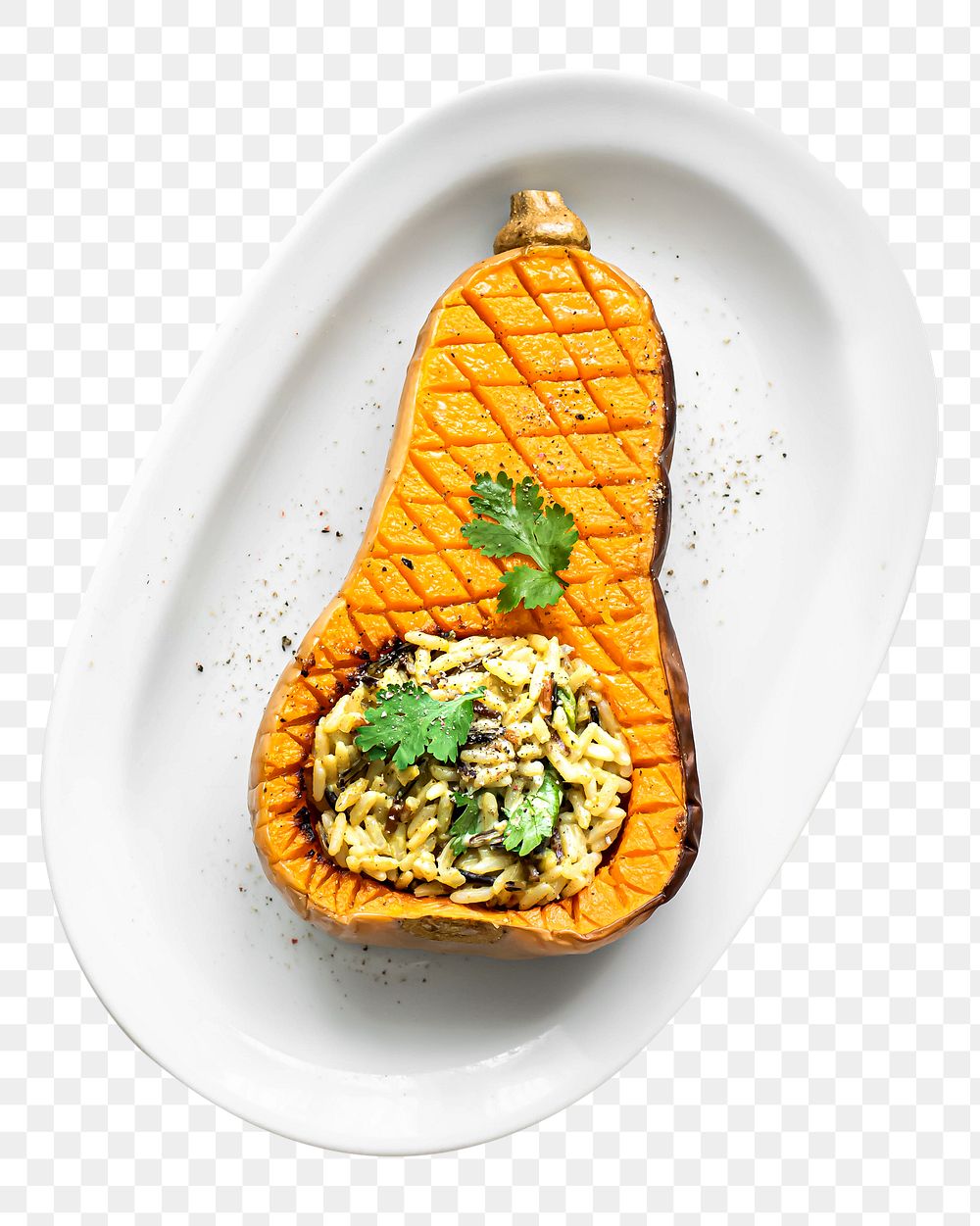 Delicious png roasted butternut squash curry rice bowl on white plate