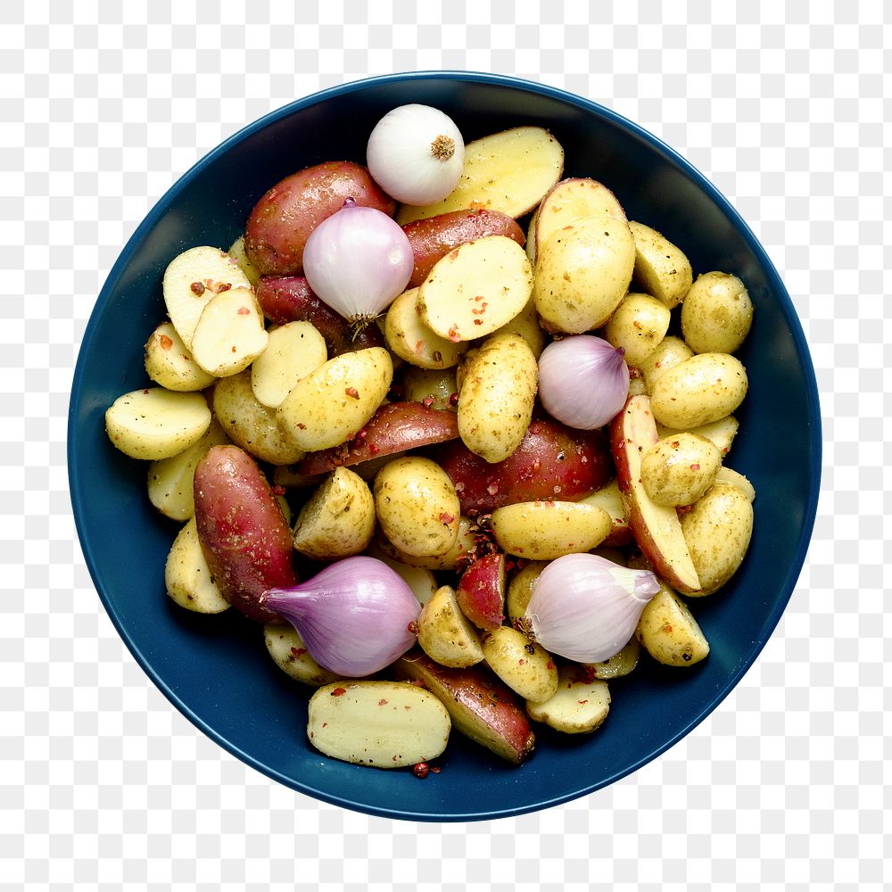 Mixed roasted potatoes png with red onions food photography