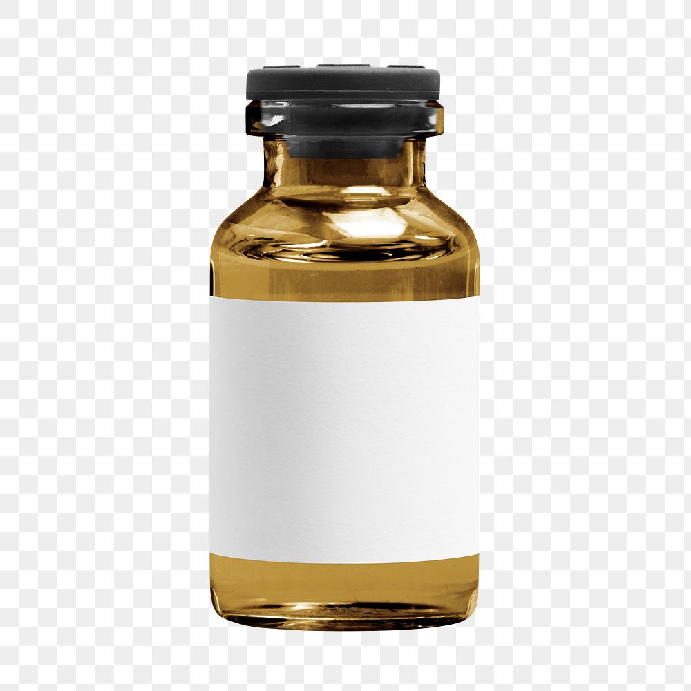 Png amber injection bottle with blank white label mockup