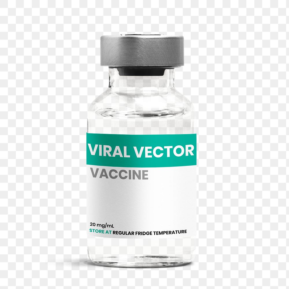 Png viral vector vaccine label on injection glass bottle mockup