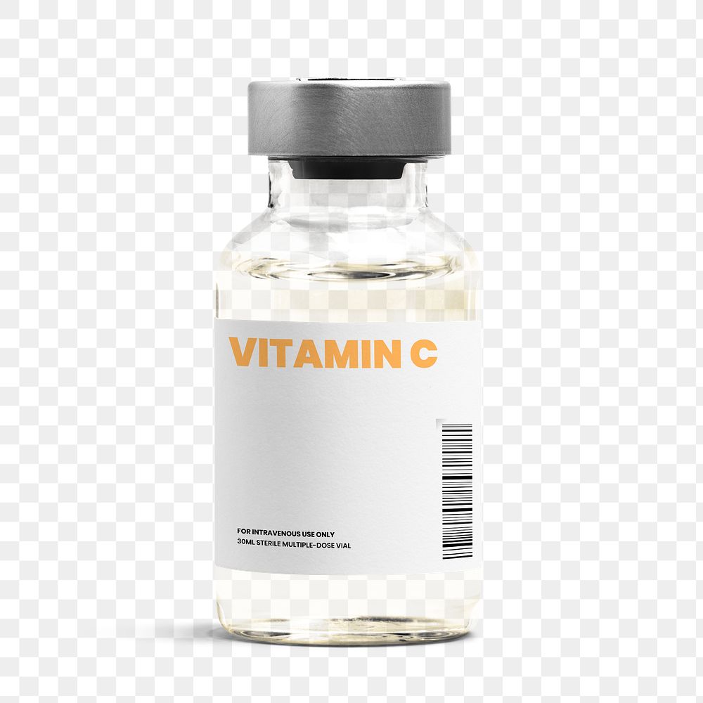 Vitamin C injection glass vial bottle png with label mockup