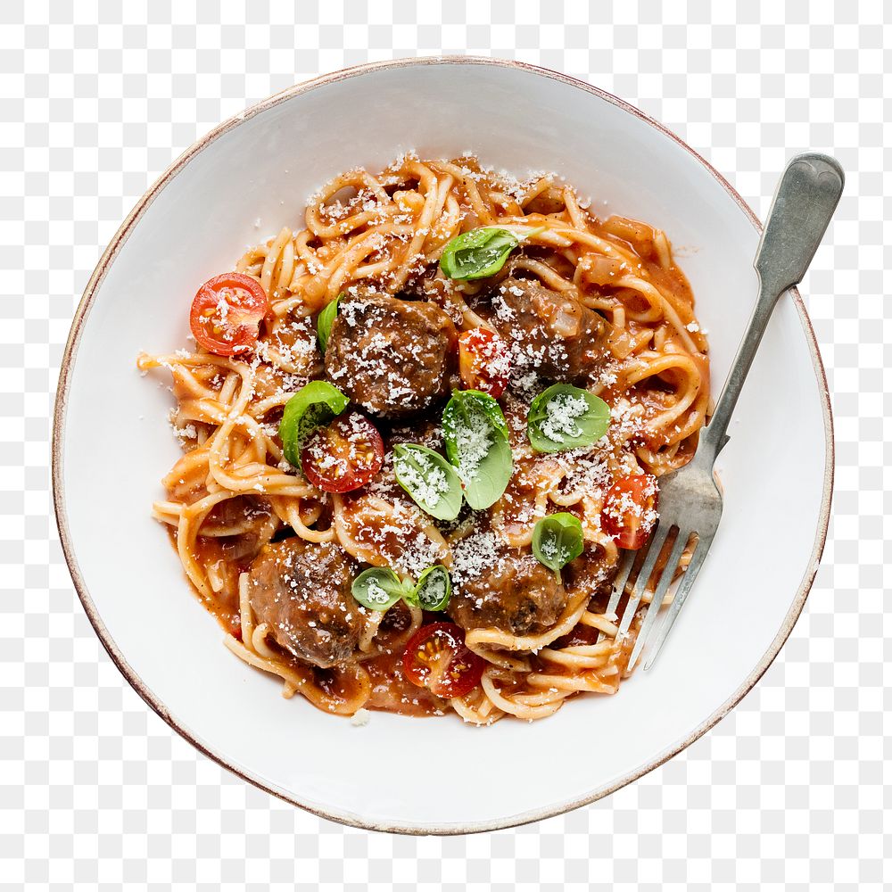 Png spaghetti meatball mockup dish sprinkled with parmesan and basil