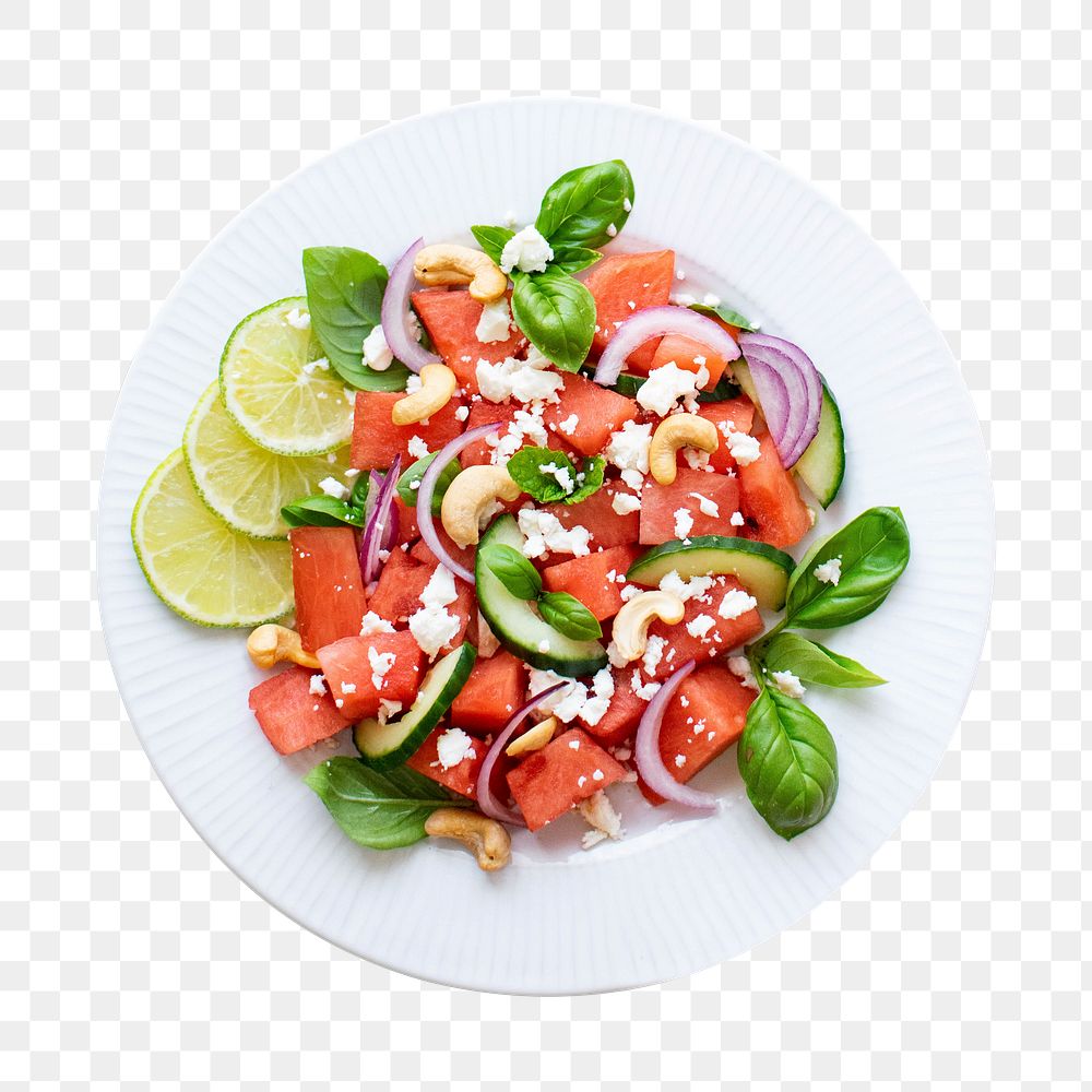 Png watermelon salad with basil, mint, red onion, cucumber and cashew nuts
