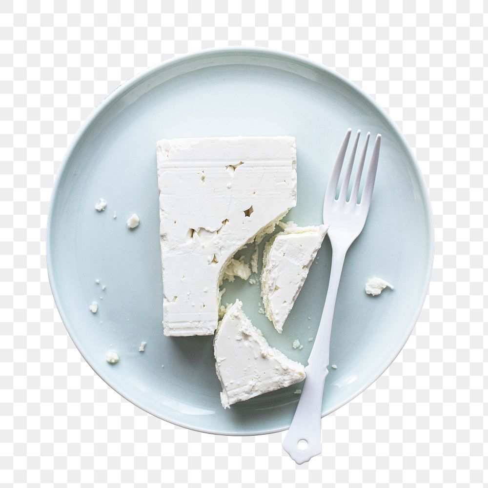 Png feta cheese in white plate with fork