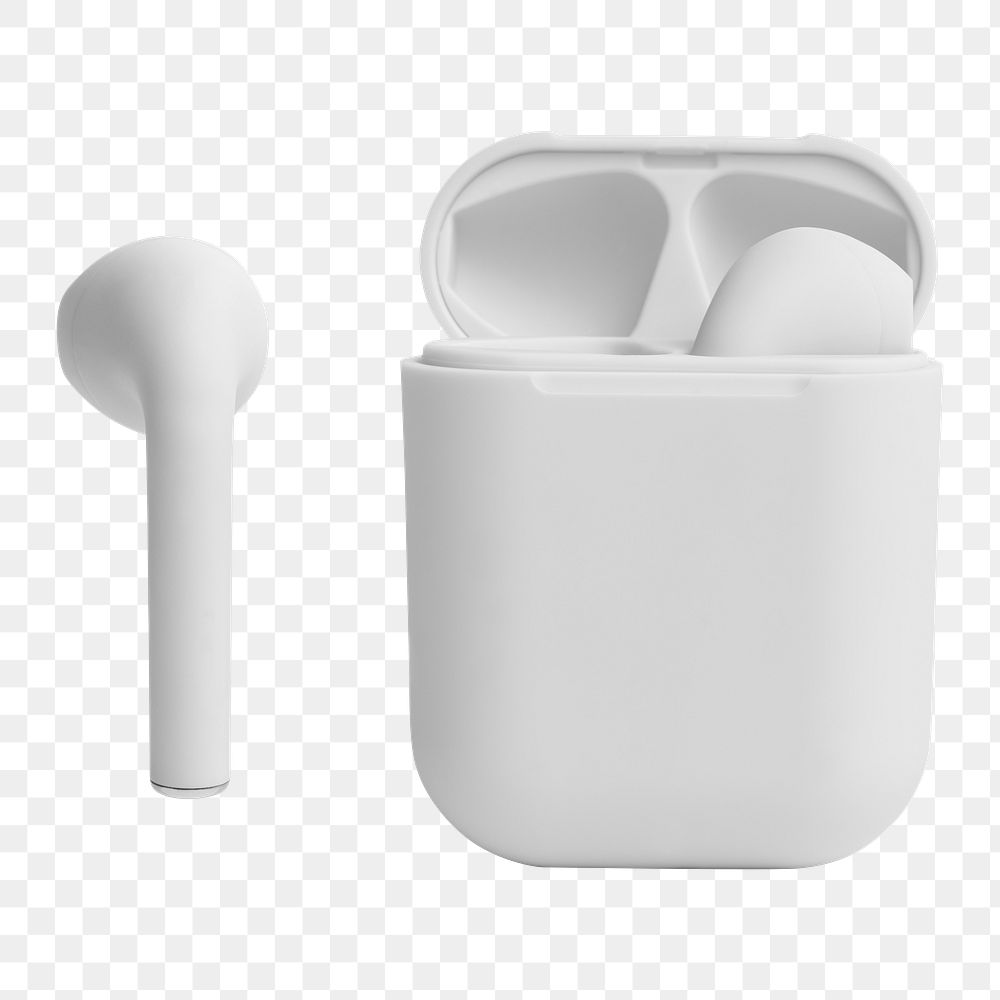 White wireless earbuds case mockup png digital earphones