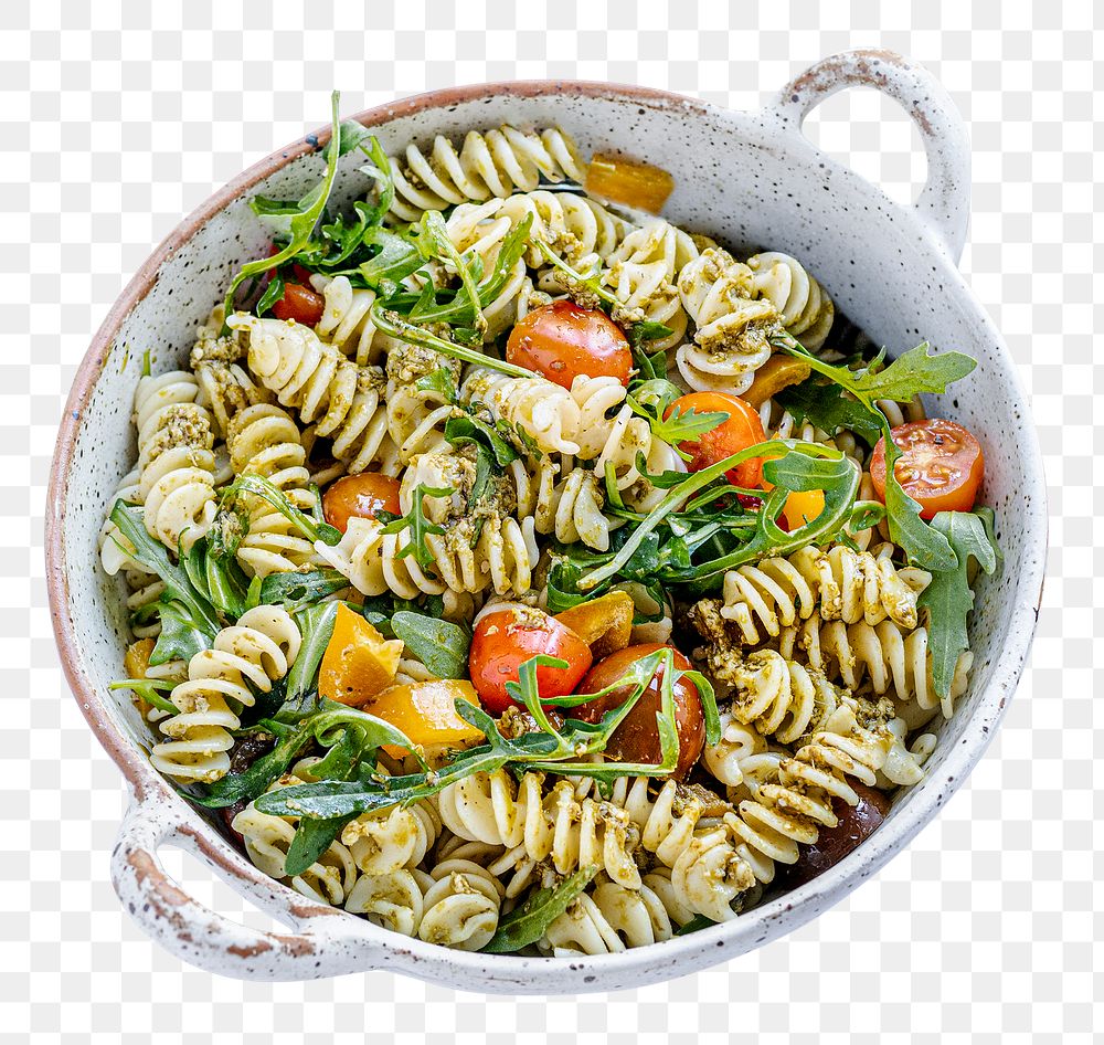 Rotini pasta salad mockup png with arugula and cherry tomatoes, healthy summer dish