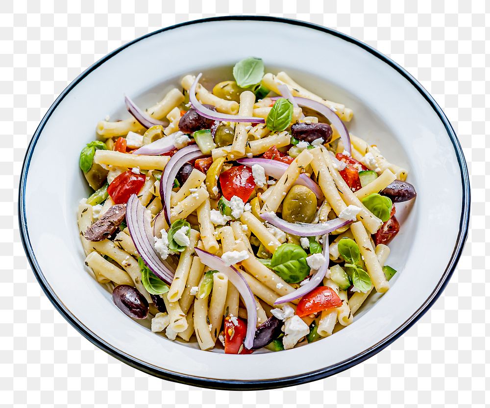 Macaroni pasta salad mockup png with feta and olives, healthy Greek summer dish