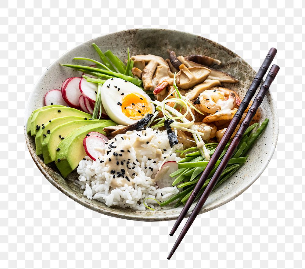 Egg and prawn poke bowl png mockup with tahini sauce