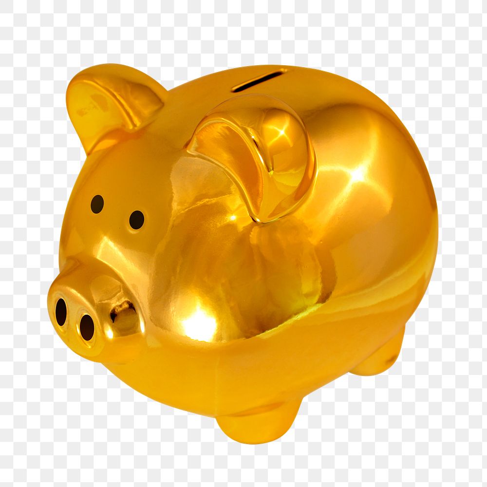 Png gold piggy bank sticker, finance image on transparent background